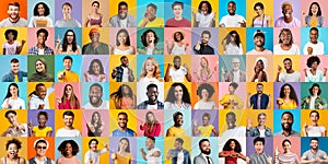 Collage With Optimistic Multicultural Men And Woman Posing Over Over Colorful Backgrounds