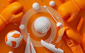 A collage of orange items including boxing gloves, golf balls and a boat