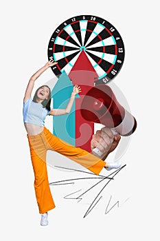Collage painting image template of excited businesswoman hit arrows precise dart aim job success victory concept
