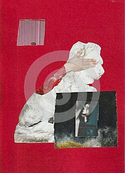 collage with a part of a hand on a red background. Creative art