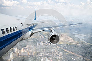 Collage with passenger aircraft in flight, view of photo