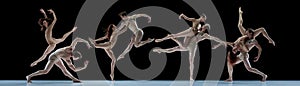 Collage. Passion. Man and woman, ballet dancers in beige bodysuits dancing over black background