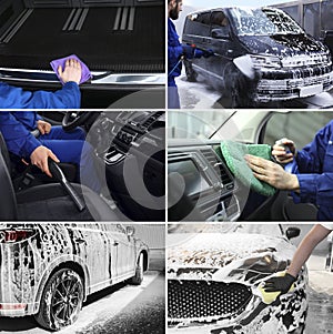 Collage of people cleaning automobiles at car wash
