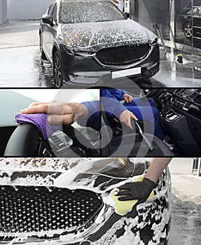 Collage of people cleaning automobiles at car wash