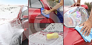 Collage of people cleaning automobiles at car wash. Banner design