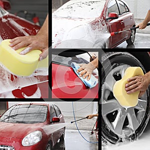 Collage of people cleaning automobiles at car wash