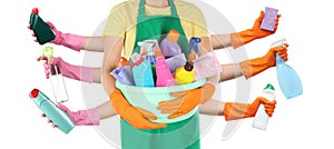 Collage with people holding different cleaning supplies in hands