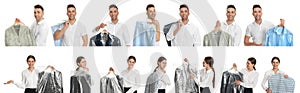 Collage of people holding hangers with clothes on background. Dry-cleaning service