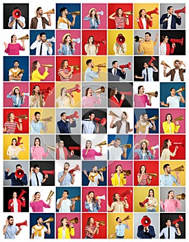Collage of people with megaphones on backgrounds