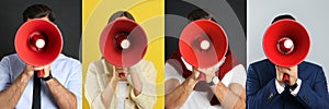 Collage of people with megaphones on backgrounds. Banner design photo