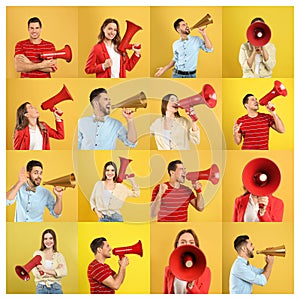 Collage of people with megaphones on yellow