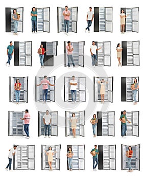 Collage of people near open refrigerators on background