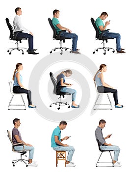 Collage of people sitting on chairs against white. Posture concept