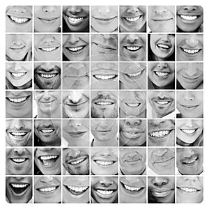 Collage of people smiling in black and white