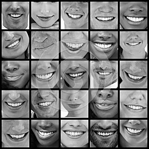 Collage of people smiling in black and white