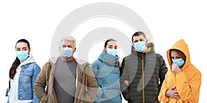 Collage of people wearing medical face masks on background. Virus protection