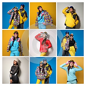 Collage with people wearing winter sports clothes on backgrounds