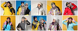 Collage of people wearing winter sports clothes on color backgrounds