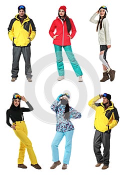 Collage of people wearing winter sports clothes on white background