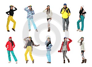 Collage of people wearing winter sports clothes on white background