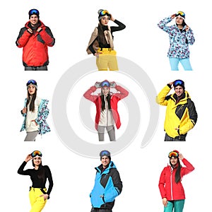 Collage of people wearing winter sports clothes on white background