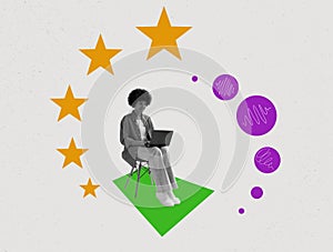 Collage about personal branding. A young woman sitting on chair is typing on a laptop.