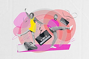 Collage photo banner of funky couple crazy dancers likes cassette tape melomans weekend carefree isolated on pink color