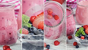 Collage of photo with berry smoothie, healthy summer detox yogurt drink on white wooden table