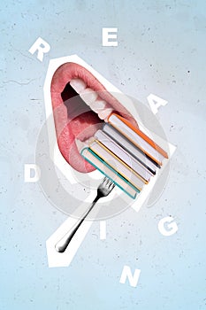 Collage photo of big abstract creative open mouth eating many books reader learner study education tasty lunch isolated