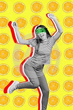 Collage photo of blank white girl go crazy drink alcohol cocktail with orange juice feel energetic isolated on orange