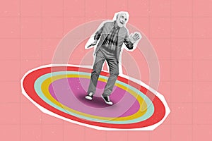 Collage photo bright sketch of senior retired old man dancing on colored circles dance floor have fun isolated on pink