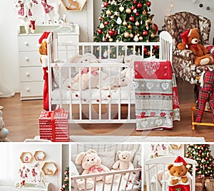 Collage from photo of children`s room. Christmas interior of children`s bedroom. New Year`s decor and tree in children`s playroom.