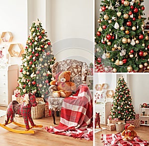 Collage from photo of children`s room. Christmas interior of children`s bedroom. New Year`s decor and tree in children`s playroom.