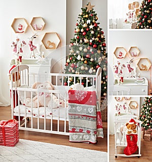 Collage from photo of children`s room. Christmas interior of children`s bedroom. New Year`s decor and tree in children`s playroom.