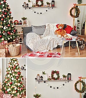 Collage from photo of children`s room. Christmas interior of children`s bedroom. New Year`s decor and tree in children`s playroom.