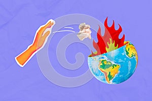 Collage photo concept of environmental problems global earth human hand throwing paper inside blaming planet isolated on