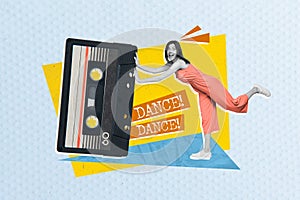 Collage photo of crazy overjoyed positive girl pushing big cassette tape meloman retro record dance event dj isolated on