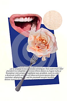 Collage photo creative artwork poster advertisement fresh pink roses sale valentine day mouth eat fork flower isolated