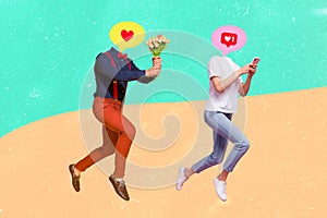 Collage photo of girl addicted to social media running away from loving boyfriend with flowers  on pastel teal