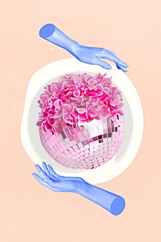 Collage photo of hands hold creative disco ball shiny party invitation template blooming pink beautiful flower bunch