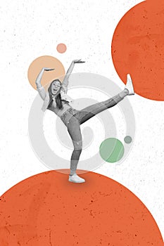 Collage photo of happy girl with black white visual effect go crazy dancing isolated on pastel colorful circles picture