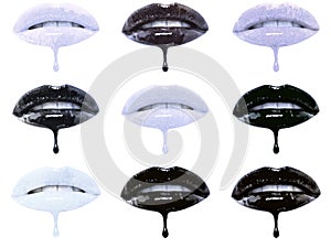 Collage of multicolored lip glosses dripping from woman`s lips over white background