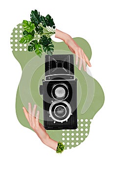 Collage photo picture of hands hold old retro vintage photo camera snapshot paparazzi recording shooting video isolated