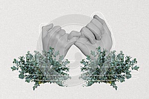 Collage photo picture poster of two human people hands hold touch demonstrate peace agreement gesture isolated on