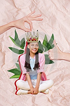 Collage photo of popular celebrity girl casual outfit sit relax chilling wear princess crown queen look thumb up like