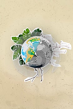 Collage photo poster of ecology dead concept half planet earth dying dessert environmetal problem growth plant isolated