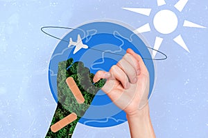 Collage photo poster of little fingers save planet concept stop air pollution global warming against trash oceans