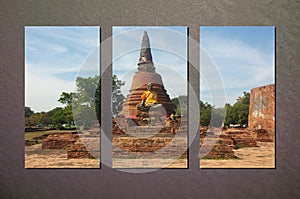 The Collage Photo of Ruin Ayutthaya Brick Temple in Sunny Day on Abstract Gray Wall Background made by Photoshop, Vintage Style