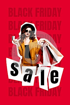 Collage photo of successful fashion woman wear trendy costume hold stack bags ebank payment promo zara black friday