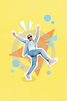 Collage photo of young attractive funny man dancing party hands up nightclub excited isolated on yellow color background